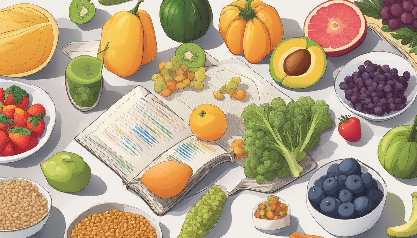 A colorful array of fruits, vegetables, whole grains, and lean proteins arranged on a table, with a gallbladder-friendly food guide book open nearby