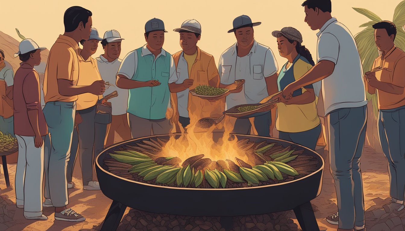 A group of people gather around a large pit filled with smoldering coals and covered with maguey leaves, where a whole lamb is slowly roasting for the traditional barbacoa tacos