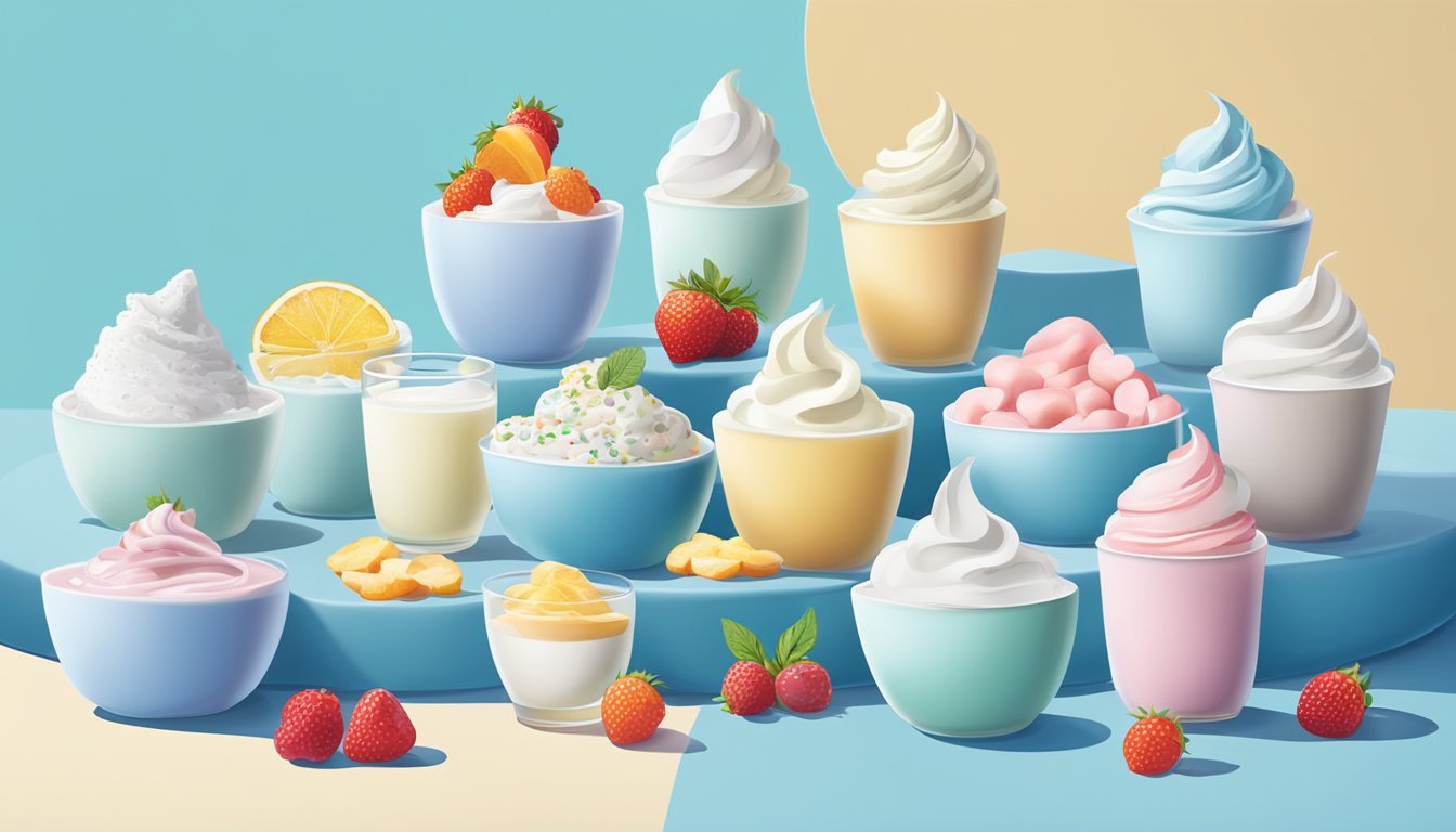 A variety of yogurt flavors and toppings arranged on a calming blue table with a serene background