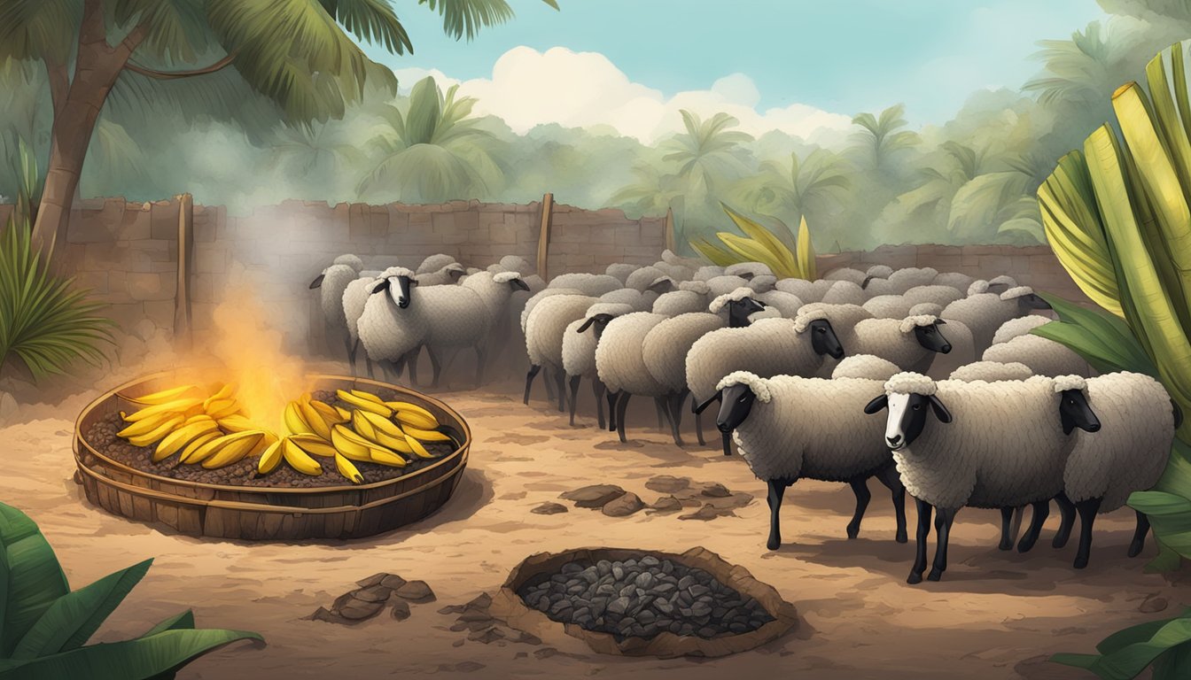 A traditional pit dug in the ground, filled with smoldering coals and covered with banana leaves, with a whole sheep slowly roasting for barbacoa tacos