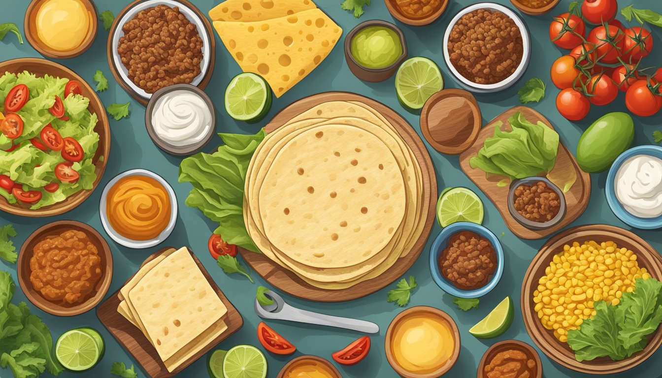 A colorful spread of key Tex-Mex ingredients: corn tortillas, ground beef, cheese, lettuce, tomatoes, and spices, evoking the bold flavors of Tex-Mex cuisine