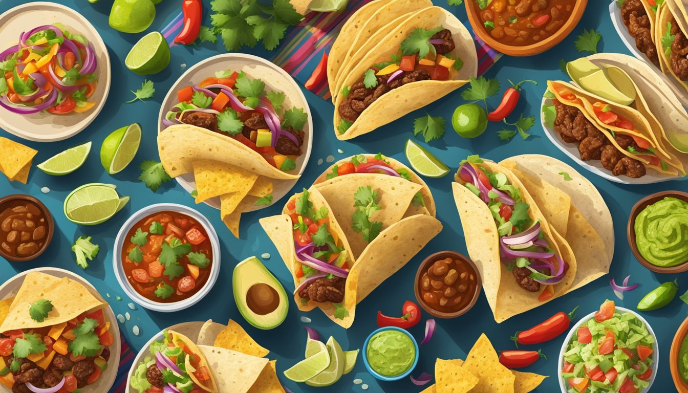 A colorful spread of Tex-Mex dishes, with a focus on various types of tacos, surrounded by vibrant ingredients like salsa, guacamole, and jalapeños