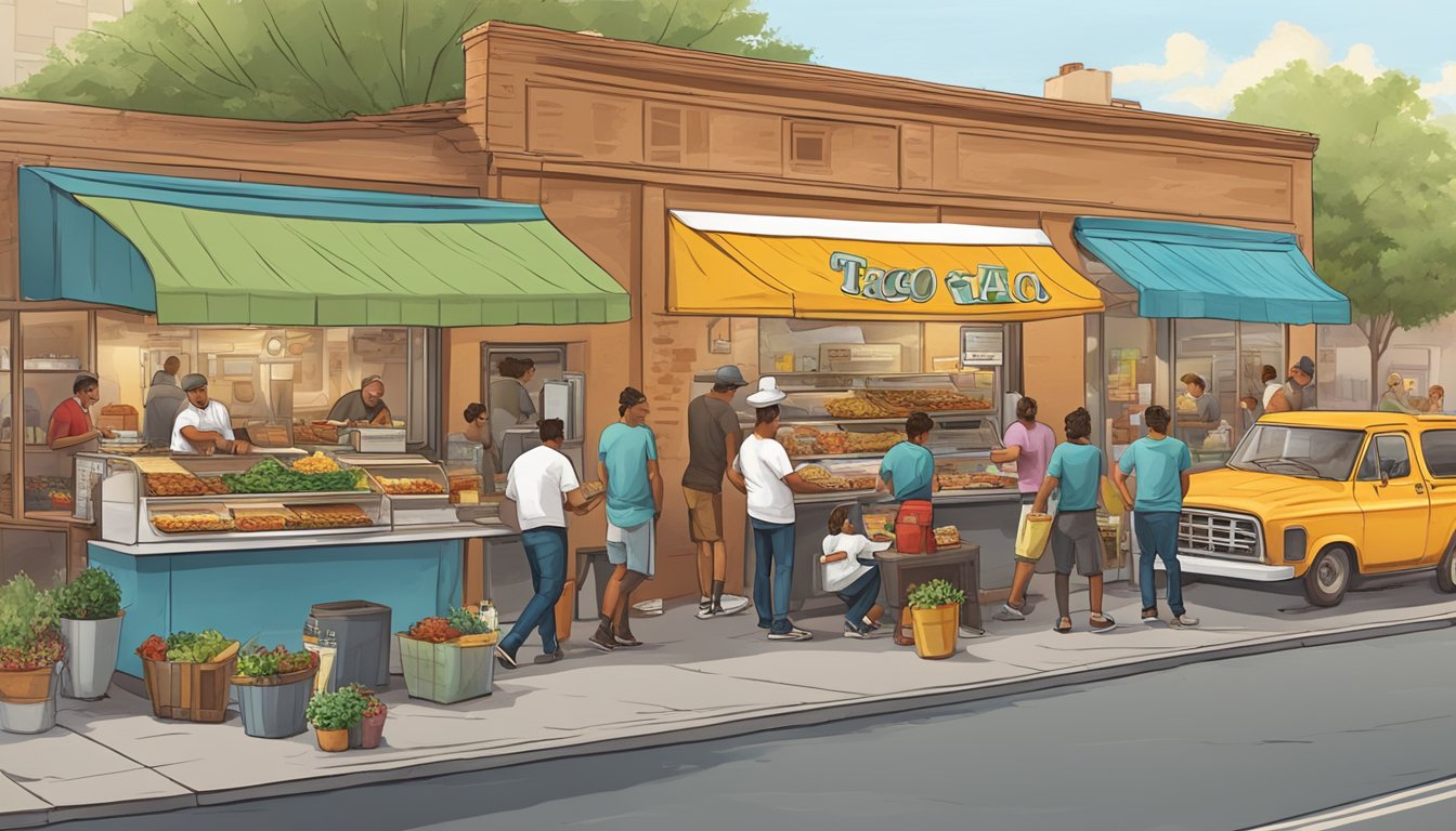 A bustling Texas street scene with a variety of taco vendors and customers enjoying popular taco orders such as breakfast tacos, barbacoa, and brisket tacos