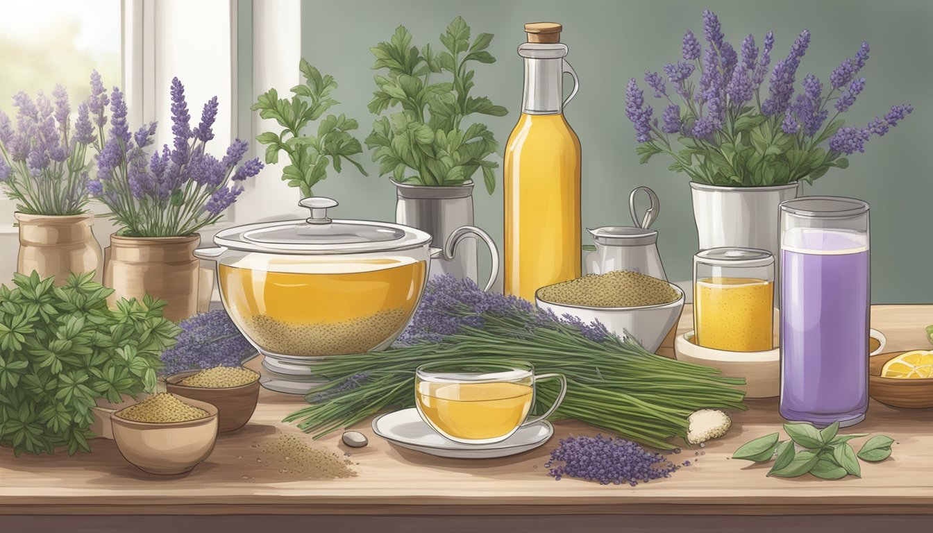 A serene kitchen counter with a variety of valerian root-infused foods and drinks, surrounded by calming elements like lavender and chamomile