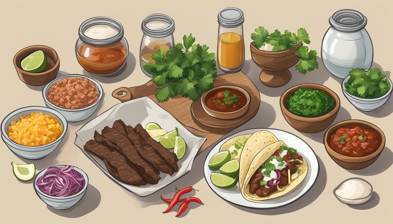 A table set with various ingredients for barbacoa tacos, including meat, tortillas, salsa, onions, and cilantro, with alternative substitutions displayed nearby