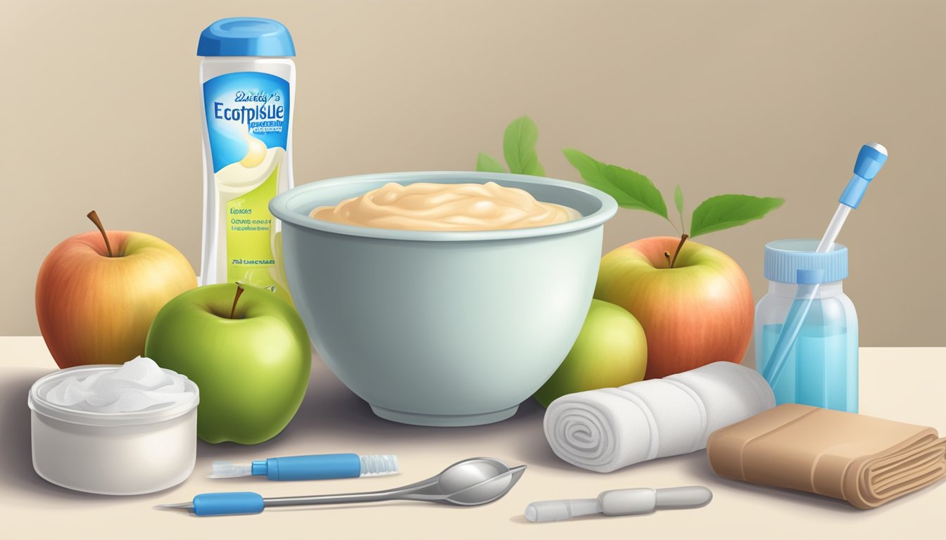 A bowl of applesauce surrounded by soothing items like a thermometer, baby wipes, and a bottle of electrolyte solution