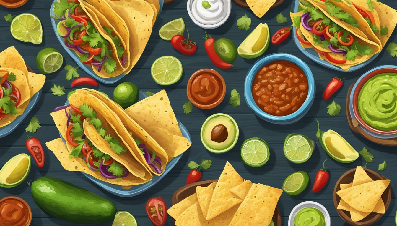 A colorful spread of tacos, salsa, and guacamole on a rustic wooden table, surrounded by vibrant Mexican and Texan cultural elements