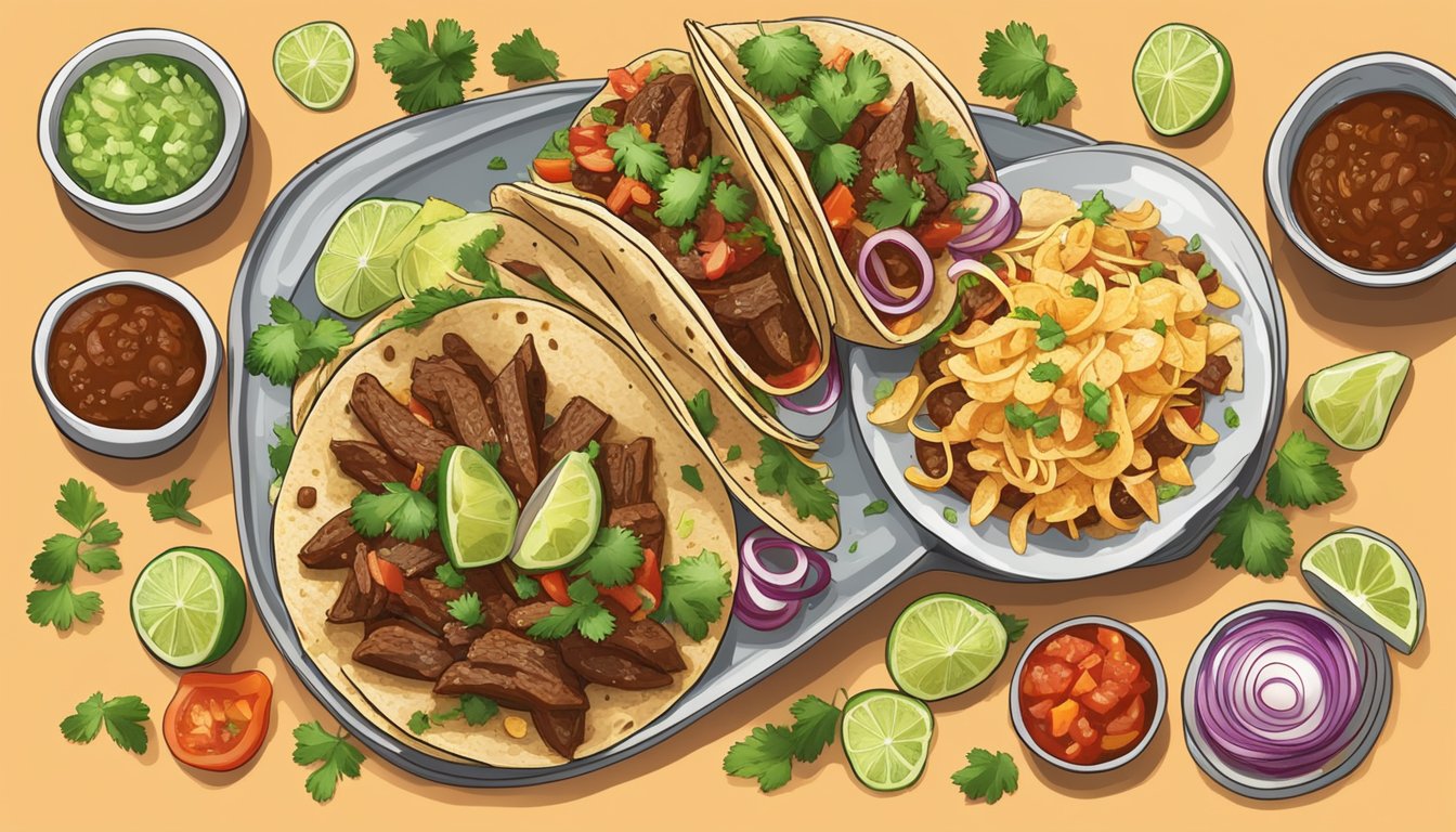 A spread of colorful toppings and garnishes surrounds a plate of barbacoa tacos, including diced onions, cilantro, lime wedges, and various salsas