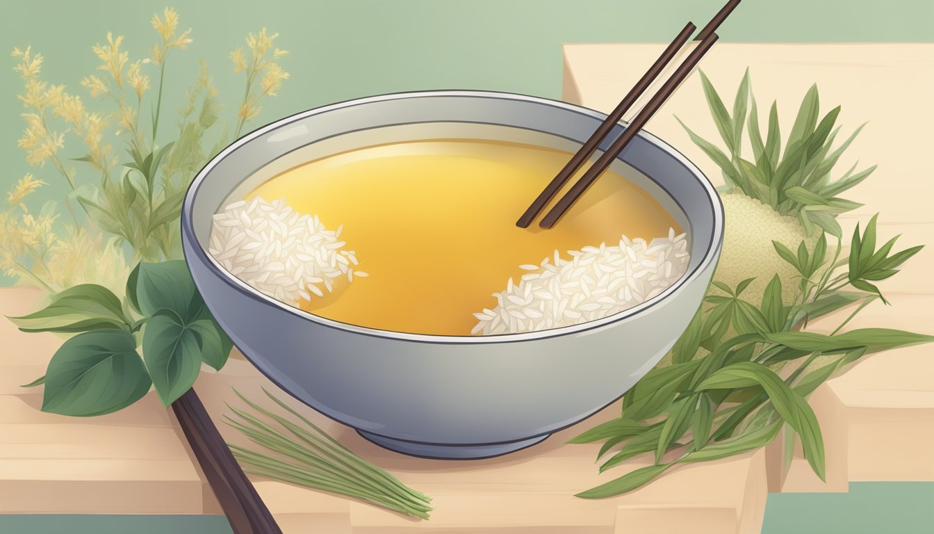 A bowl of plain rice surrounded by soothing herbal teas and a gentle, comforting atmosphere