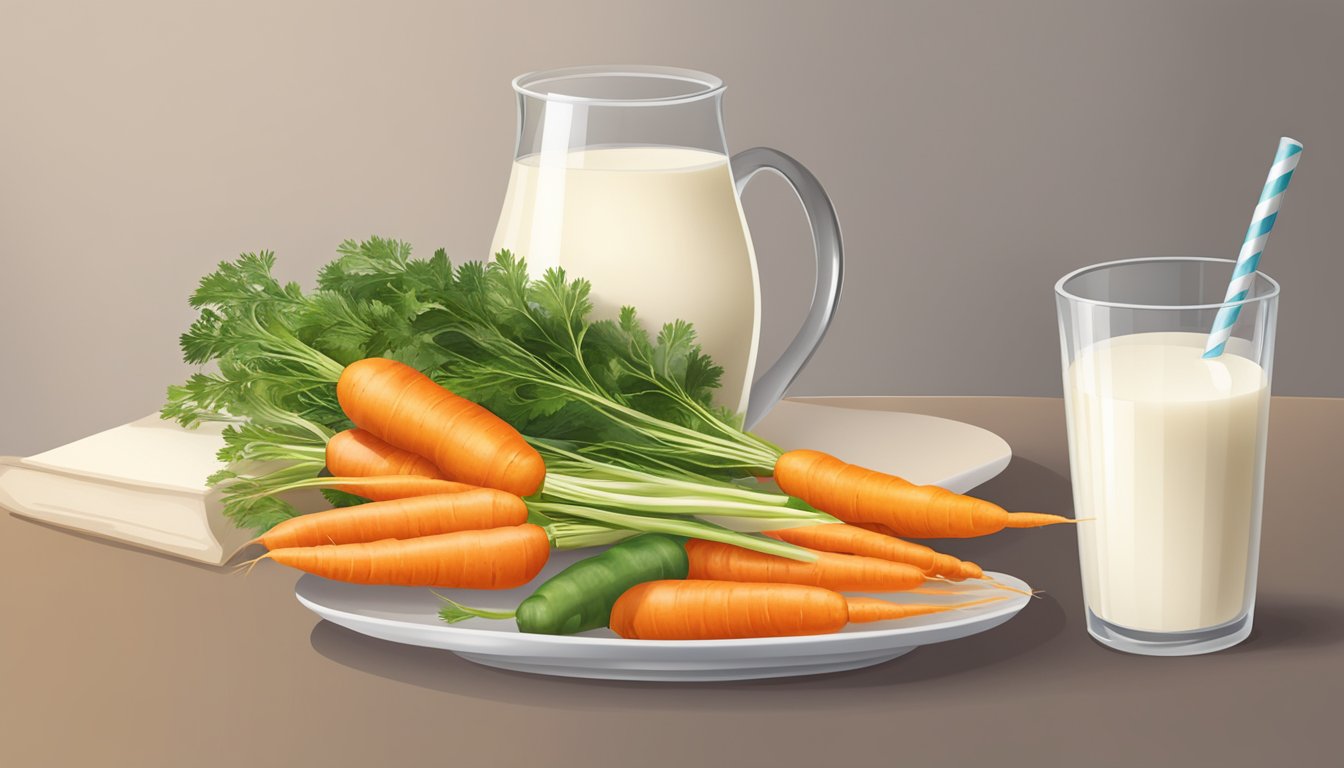 A table with an assortment of fresh carrots and a glass of milk