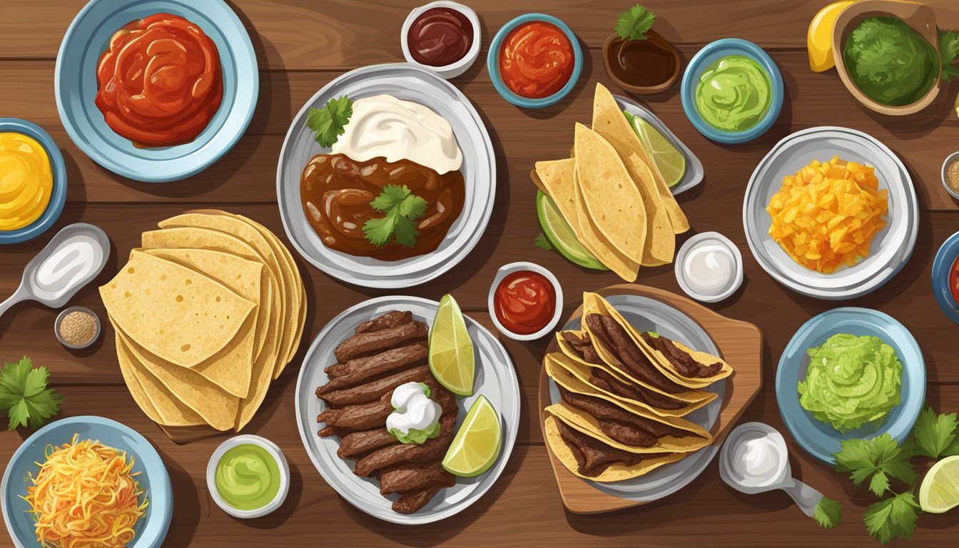 A wooden table with a variety of colorful sauces and condiments arranged around a plate of barbacoa tacos