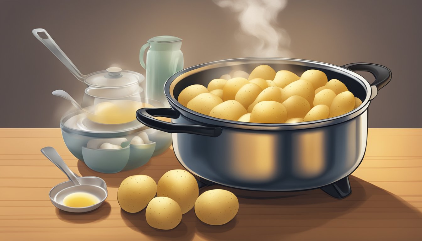 A pot of boiling potatoes surrounded by a soft, comforting atmosphere