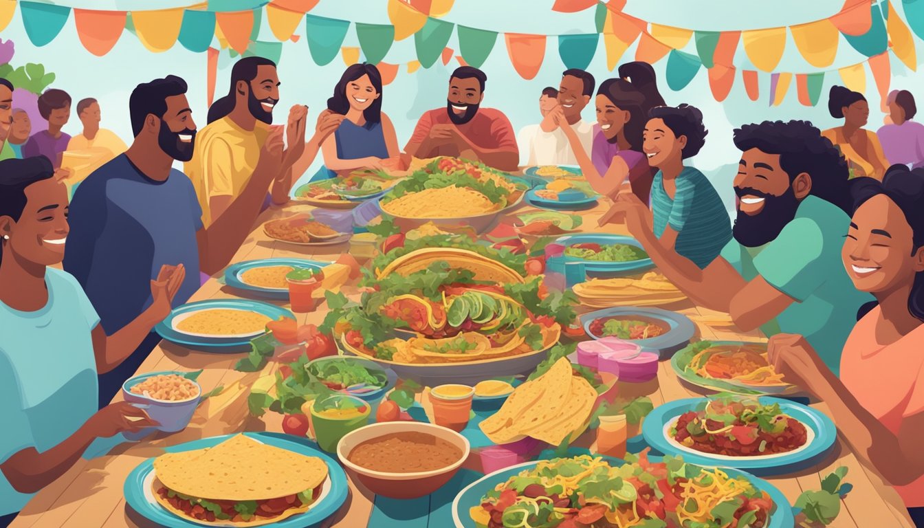 A festive table filled with colorful tacos, surrounded by smiling people at a community celebration