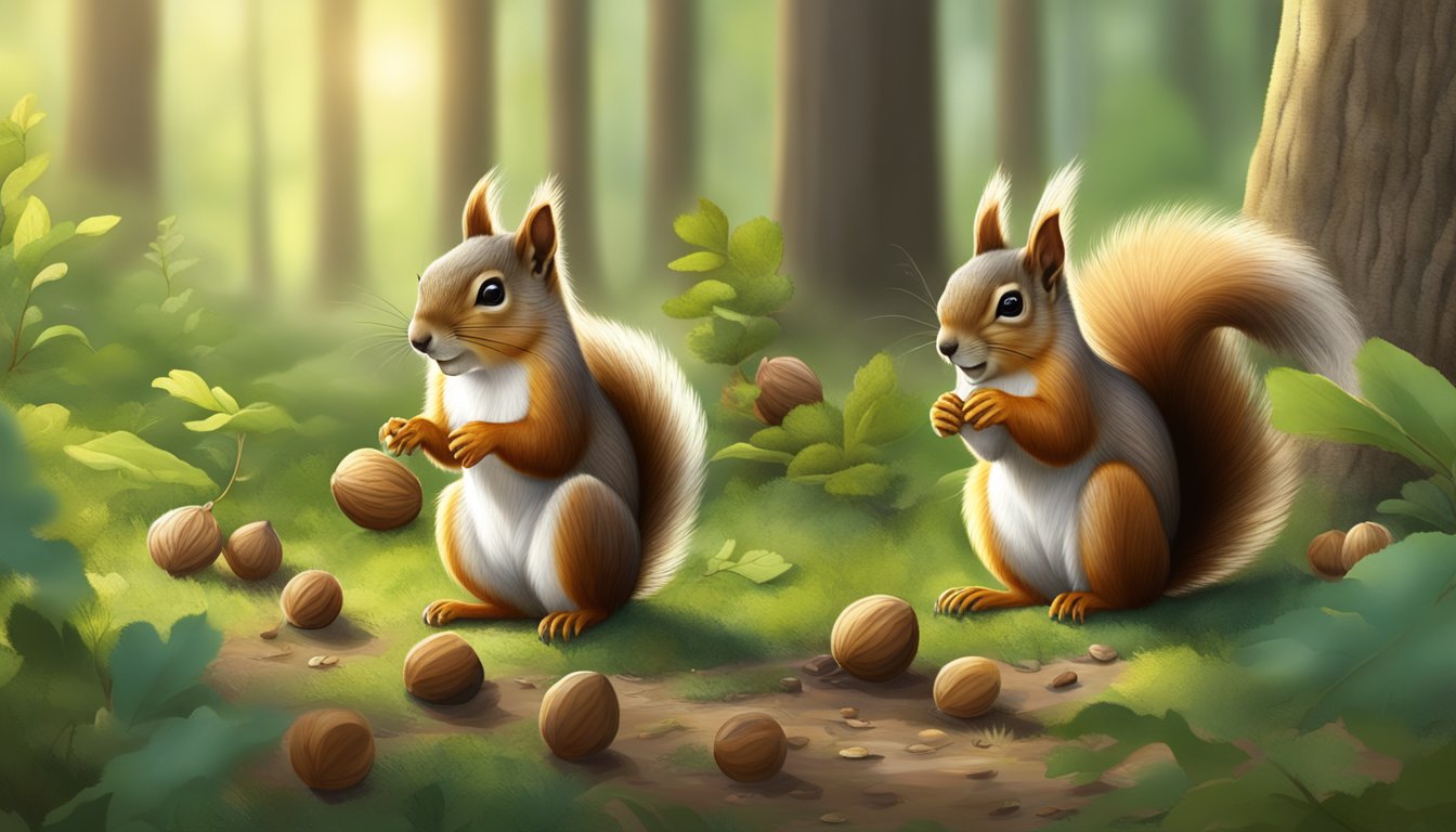 A motherly squirrel gathering nuts in a lush forest clearing