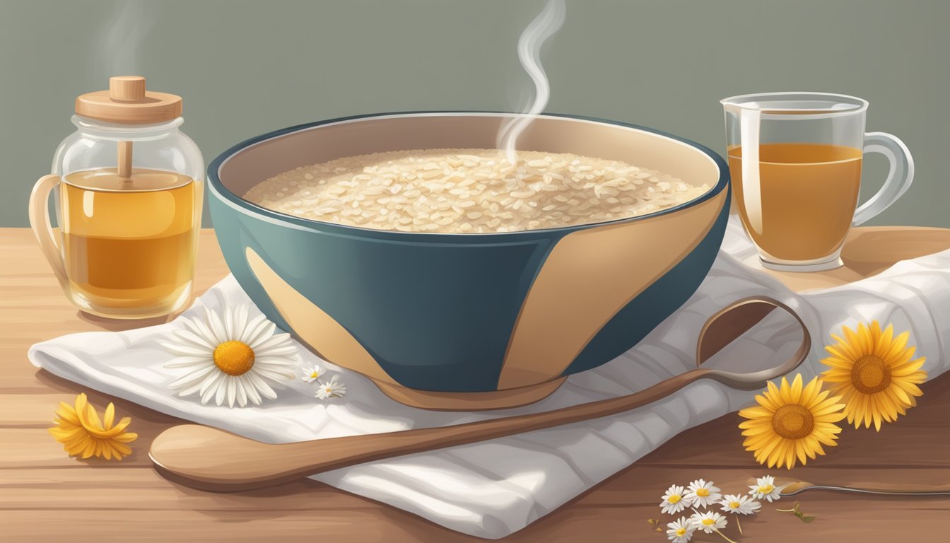 A bowl of soothing oatmeal with a spoon, surrounded by calming and healing elements like chamomile tea and a warm, cozy blanket