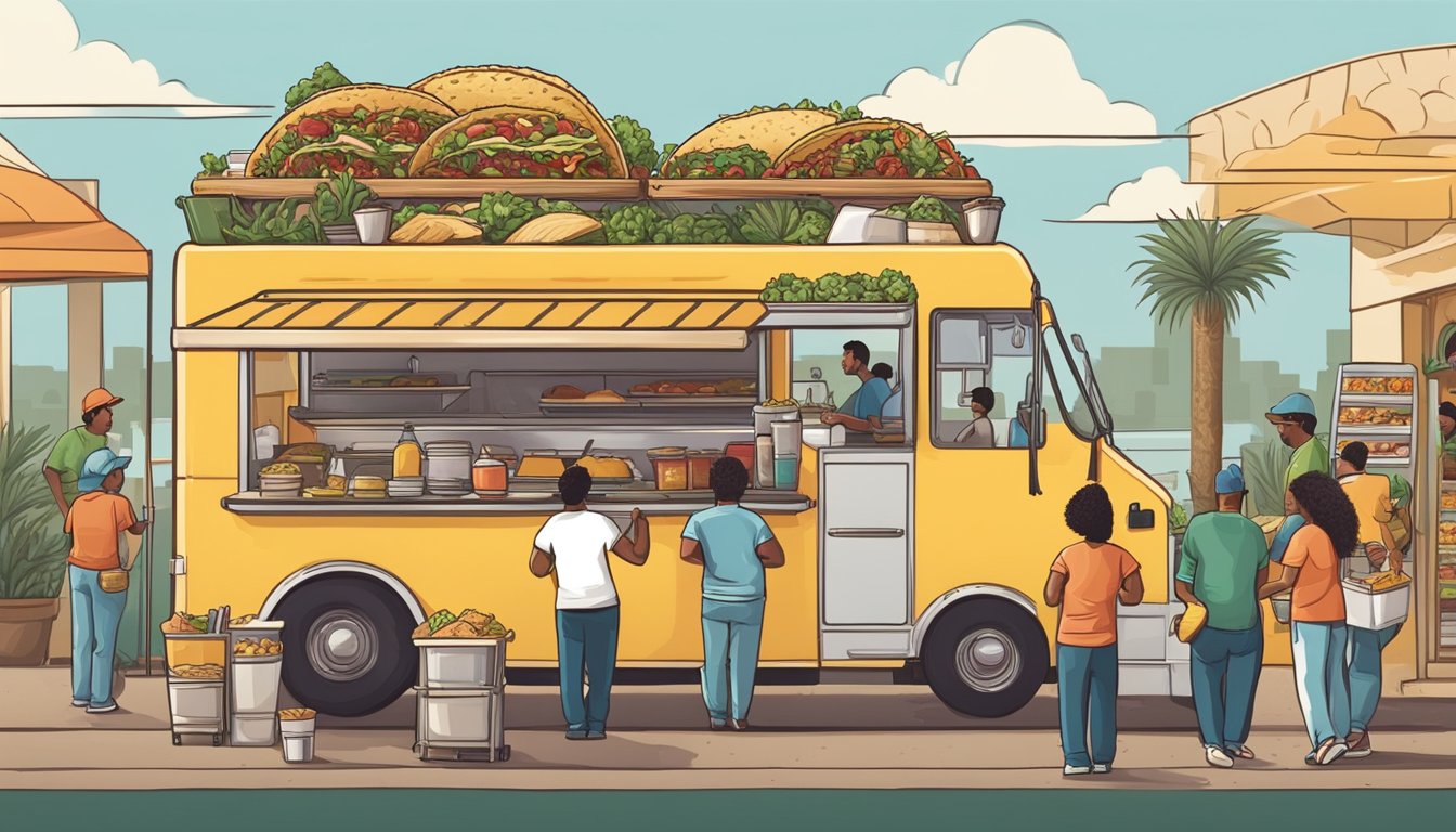 A bustling Texas taco truck with a line of customers, each holding a different type of taco. The chef is busy cooking up a variety of traditional and innovative taco fillings