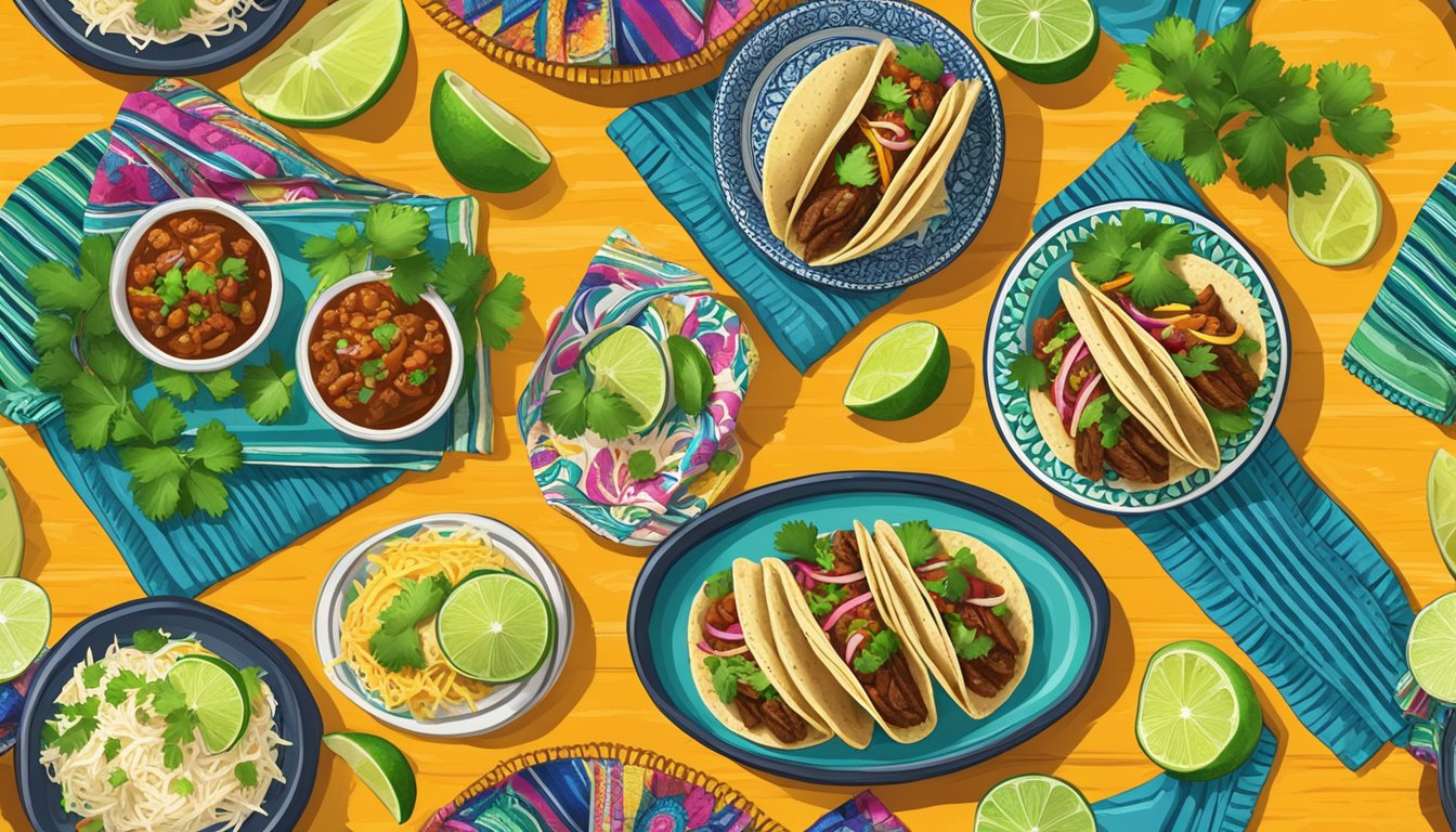 A table set with colorful plates of barbacoa tacos, garnished with fresh cilantro and lime slices, surrounded by vibrant Mexican textiles