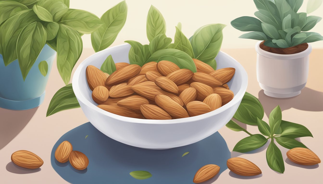 A bowl of almonds surrounded by lactating plants and a breastfeeding-friendly environment