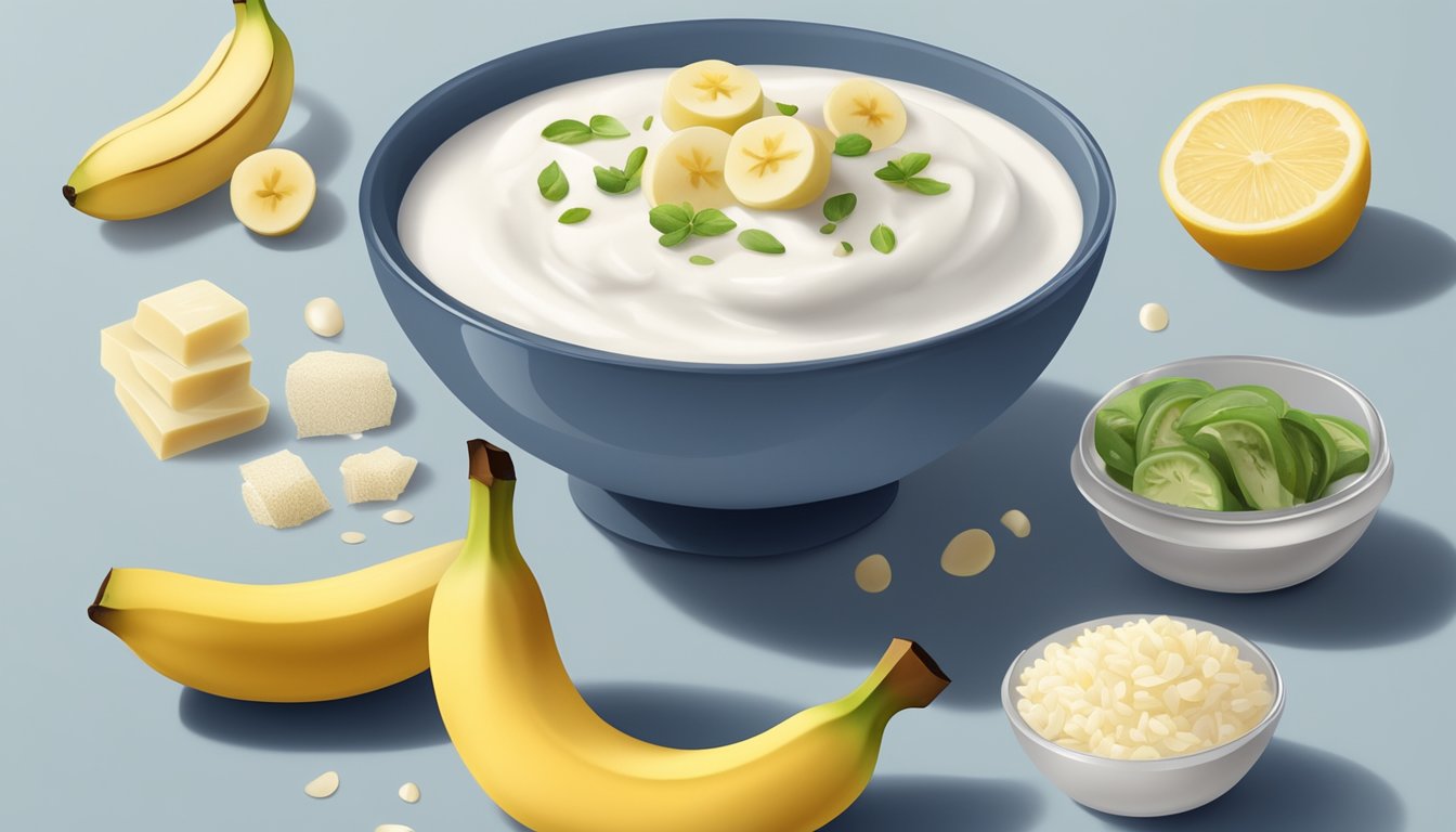 A small bowl of plain yogurt surrounded by soft, easily digestible foods like bananas and rice, set on a clean, uncluttered surface