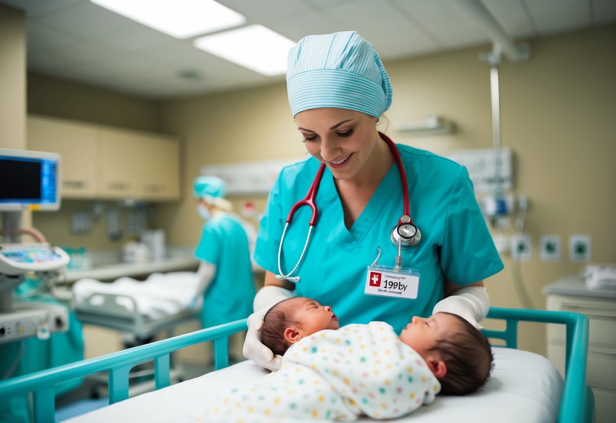 Uma enfermeira cuidando de recém-nascidos em uma unidade neonatal