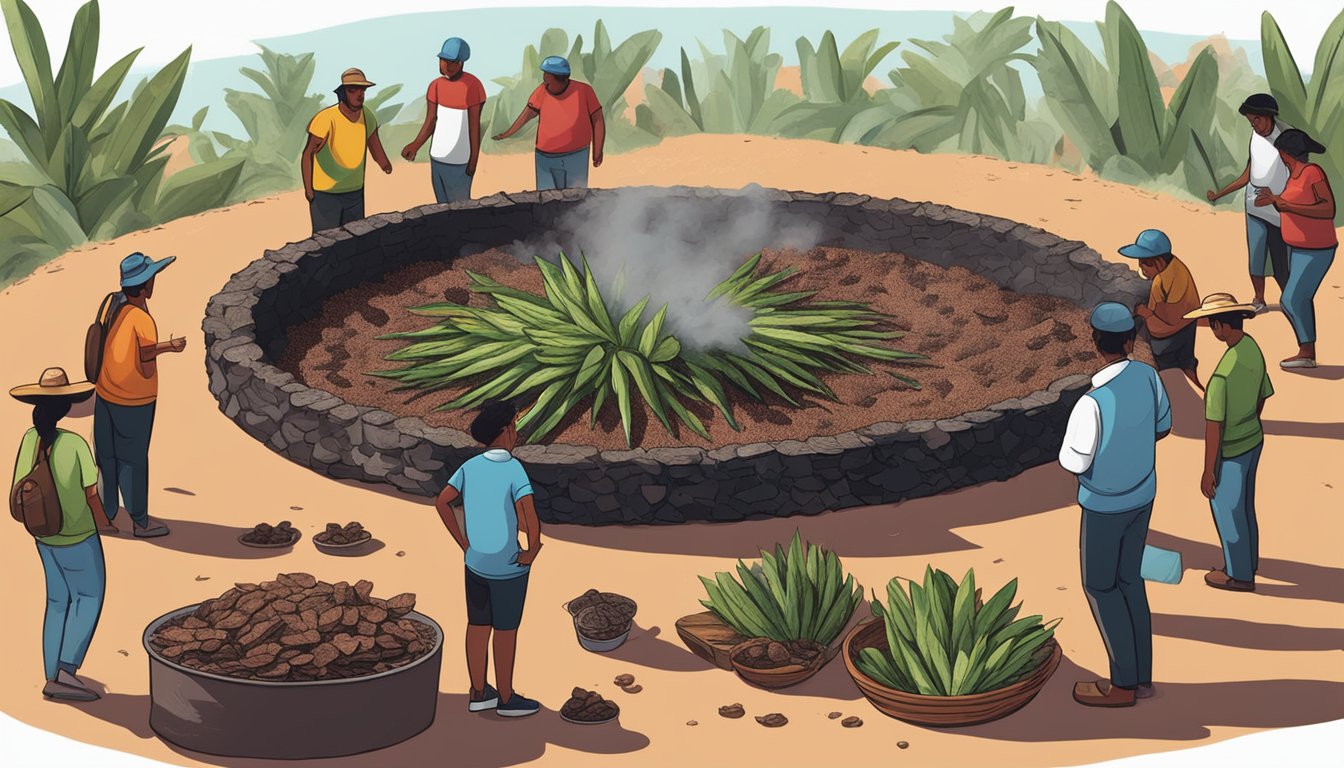 A group of people gather around a large pit filled with smoldering coals and covered with maguey leaves, where barbacoa meat is slowly cooking