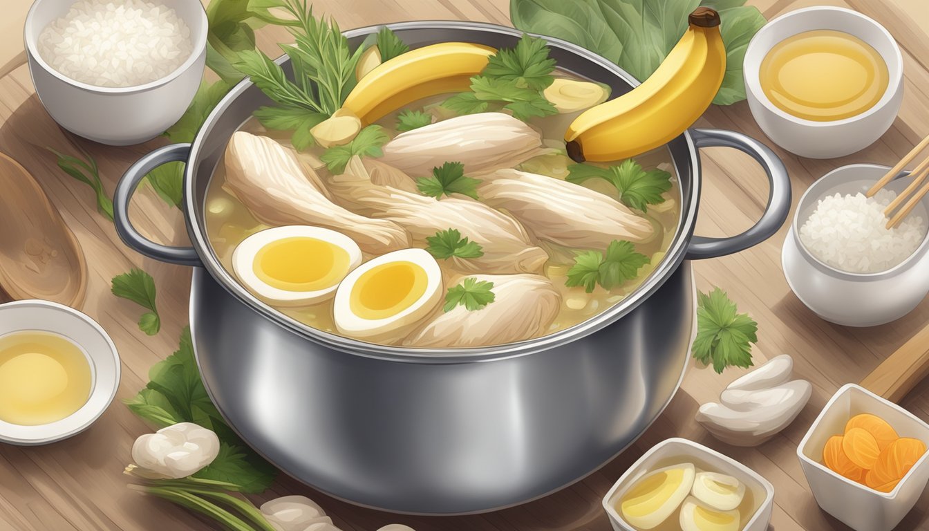 A pot of steaming chicken broth surrounded by soft, easily digestible foods like rice and bananas, with a gentle, nurturing atmosphere