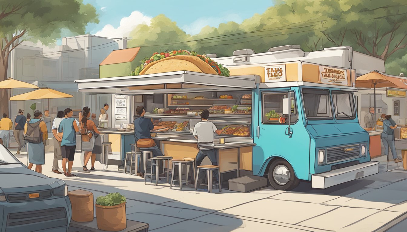 A bustling Texas taco truck with a line of customers, serving up classic favorites like beef barbacoa and breakfast tacos, alongside modern twists like Korean BBQ and avocado toast tacos