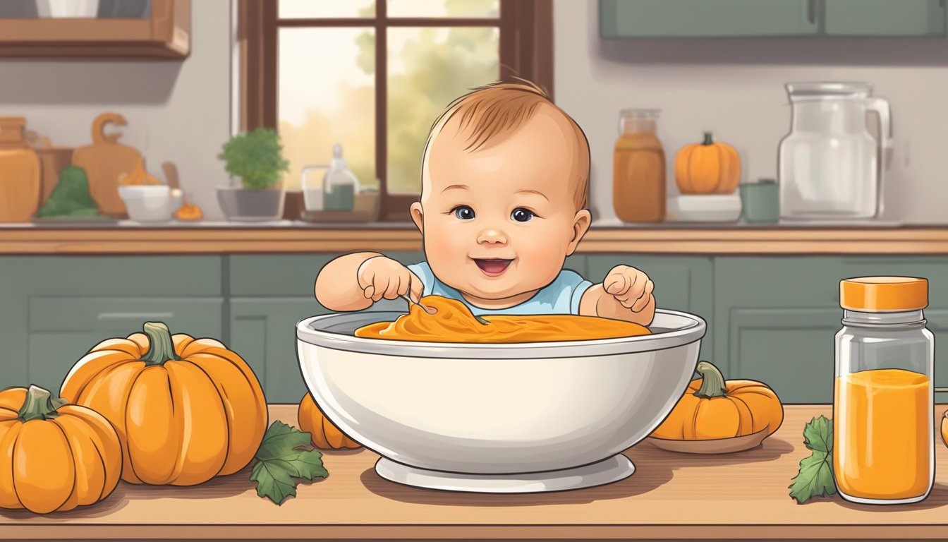 A bowl of pumpkin puree being prepared with a gentle motion to ease baby diarrhea and promote recovery