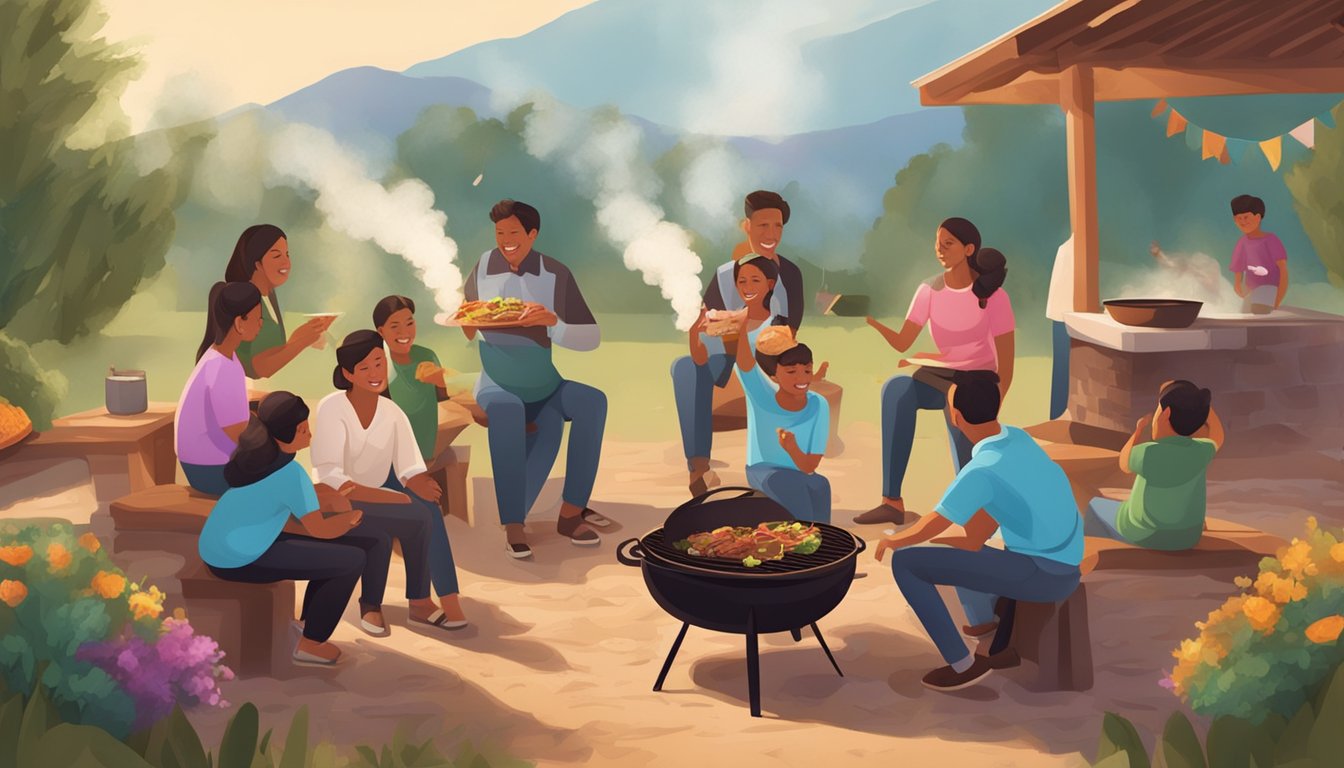 A family gathering around a smoky pit, savoring the aroma of barbacoa tacos as they prepare to celebrate a special occasion