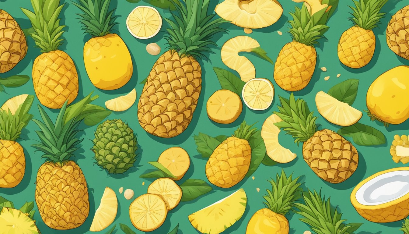 A table filled with pineapple, ginger, and other anti-bloating foods, surrounded by happy, relieved characters