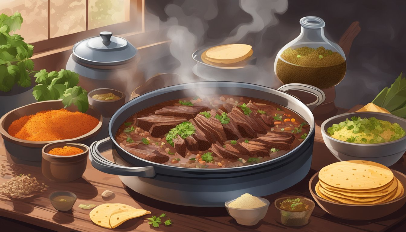 A steaming pot of barbacoa meat surrounded by various spices and herbs, with a stack of warm tortillas nearby