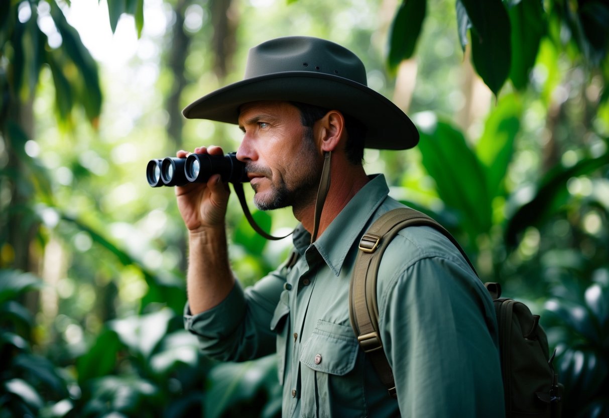 O perfil de um explorador robusto, com um chapéu de aba larga e binóculos, de pé contra um fundo de densa folhagem da selva.