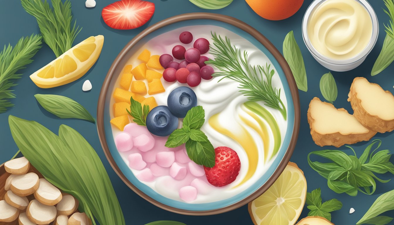 A bowl of probiotic yogurt surrounded by colorful, gas-busting foods like ginger, peppermint, and fennel to beat bloating and digestive discomfort