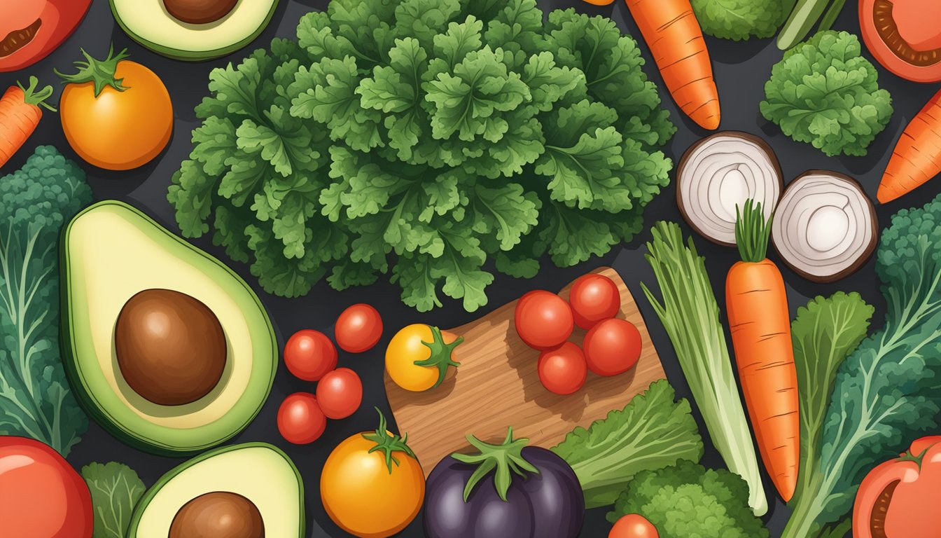 A variety of kale leaves, tomatoes, avocados, and carrots arranged on a wooden cutting board