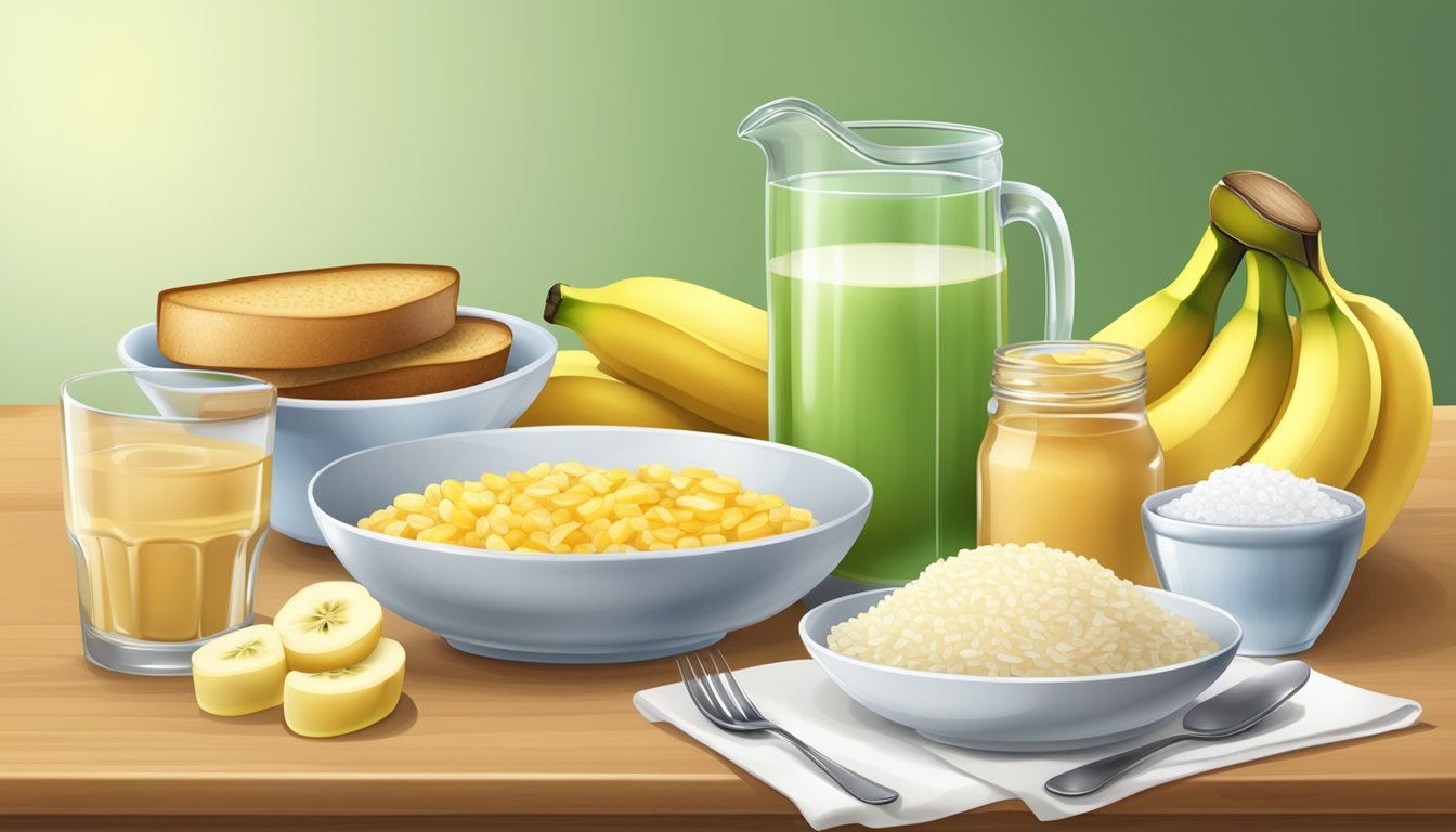 A table set with a variety of gentle, easily digestible foods such as bananas, rice, applesauce, and toast, with a glass of water or electrolyte solution