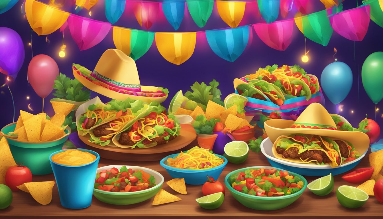 A colorful fiesta scene with tacos as the centerpiece, surrounded by vibrant decorations and lively music