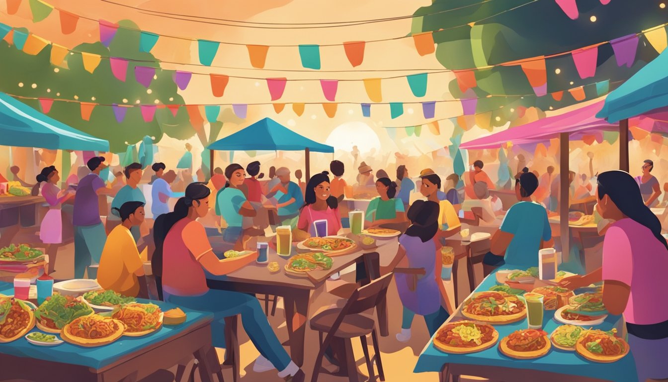 A colorful festival scene with people gathered around tables filled with various types of tacos, with traditional decorations and music in the background