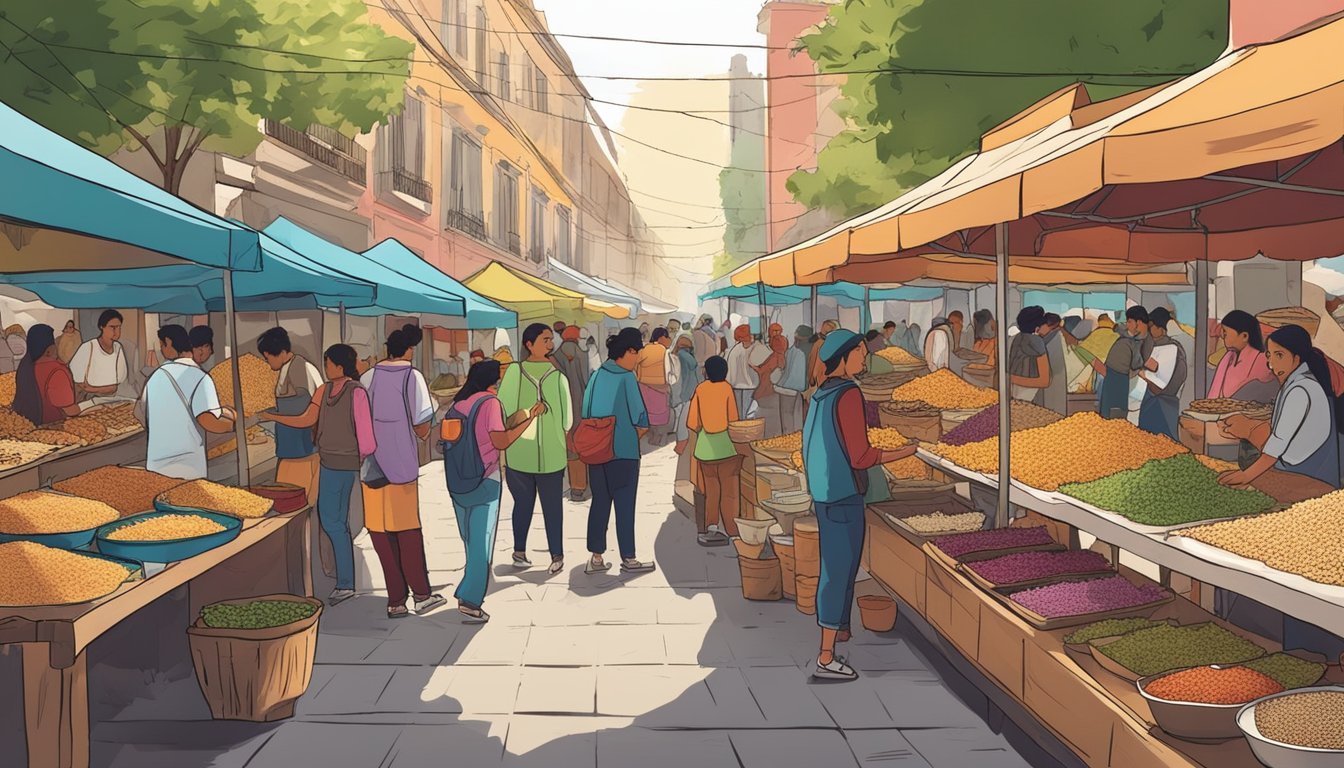 A bustling street market in Mexico City, with vendors selling colorful tacos filled with ancient grains like amaranth and quinoa. The scene is lively, with people eagerly sampling the traditional yet trendy dishes