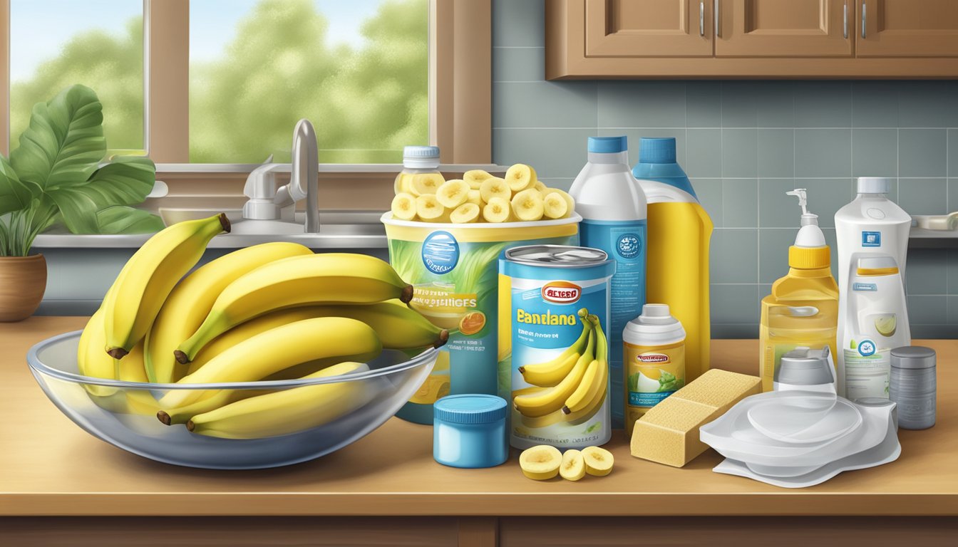 A bowl of bananas surrounded by various gas-relief products on a kitchen counter