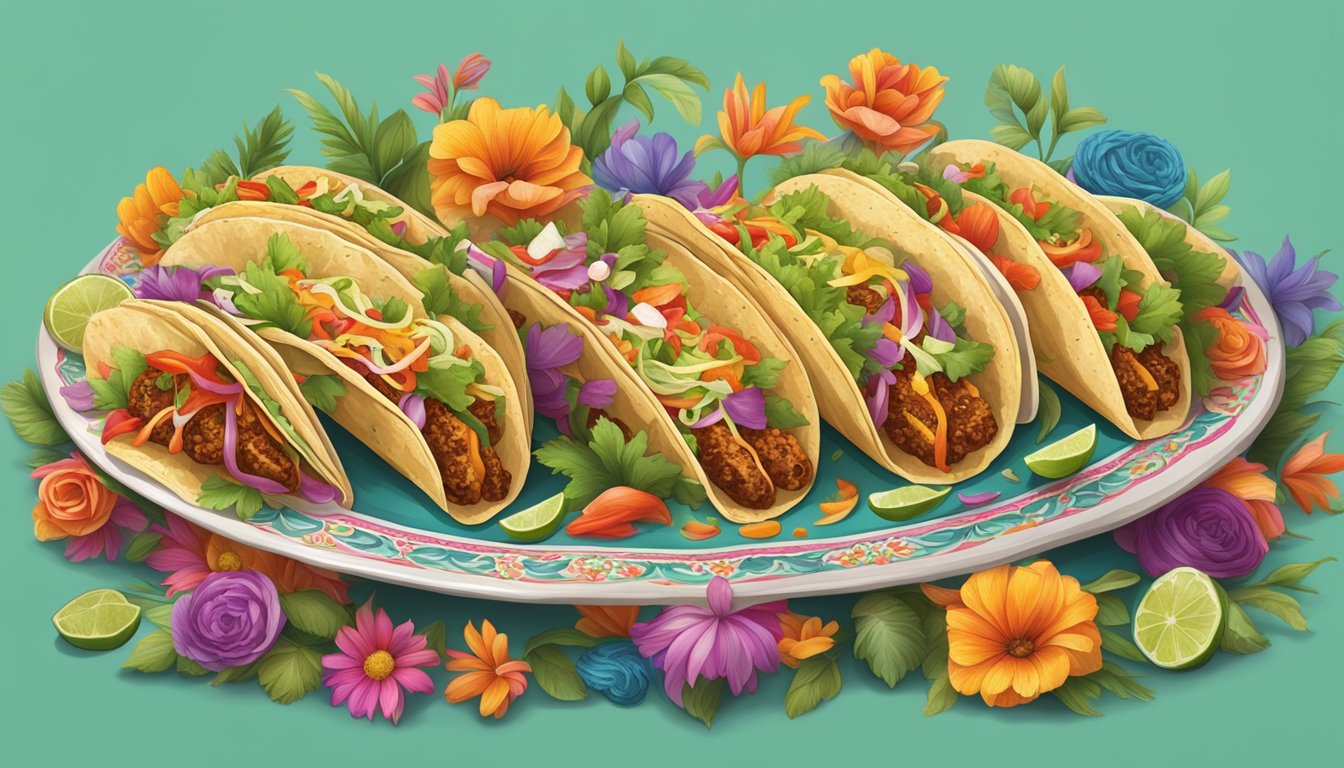 A colorful procession of tacos arranged on ornate platters, surrounded by vibrant flowers and traditional Mexican decorations