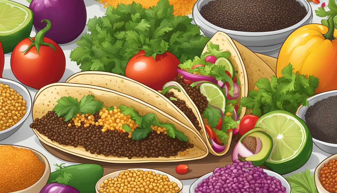 An assortment of ancient grains such as quinoa, amaranth, and chia seeds spilling out of a traditional Mexican taco, surrounded by vibrant and fresh vegetables