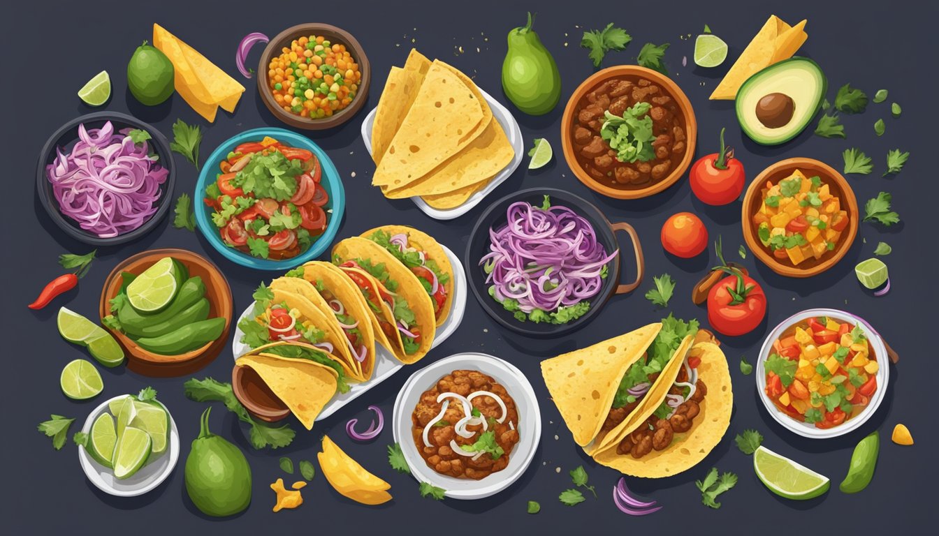 A colorful spread of fresh ingredients and sizzling flavors, accompanied by lively music and laughter, symbolizing the central role of tacos in Texan cultural celebrations