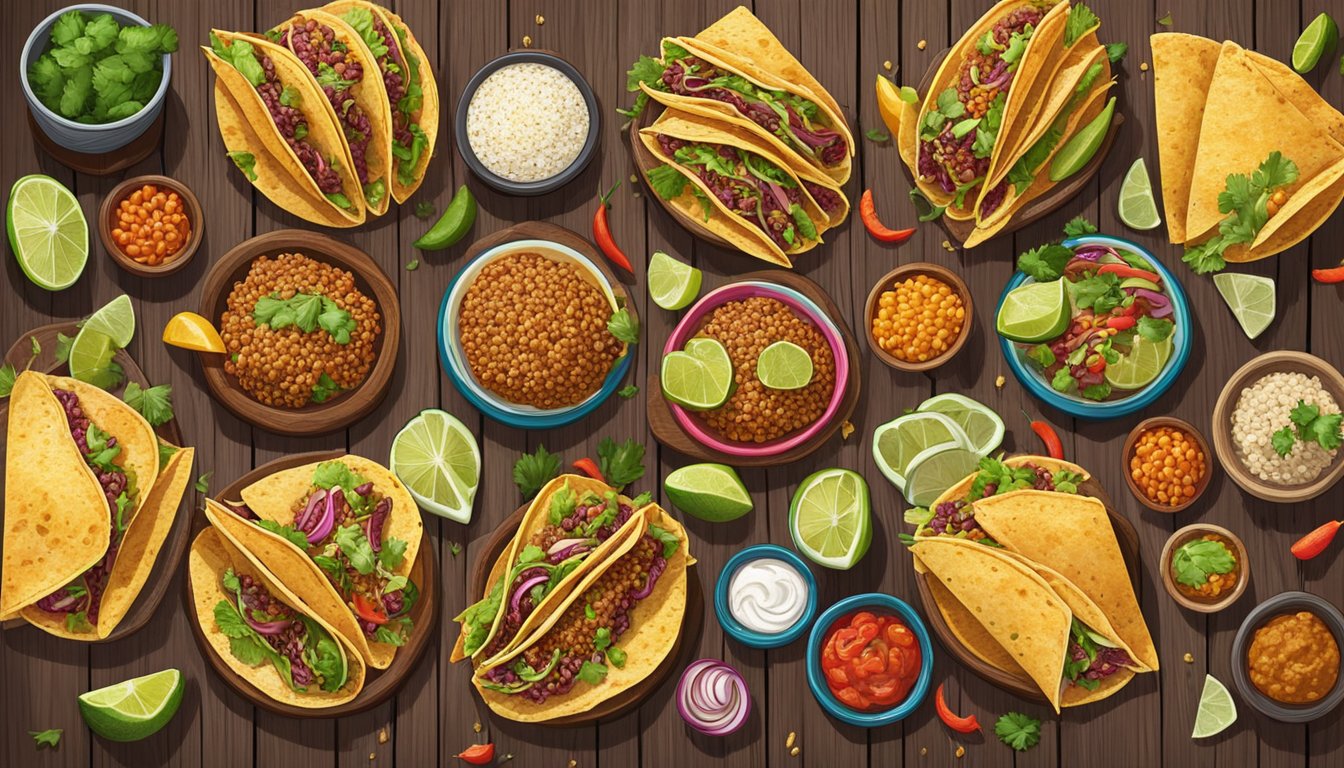 A colorful array of modern Mexican tacos filled with ancient grains and vibrant ingredients, arranged on a rustic wooden table