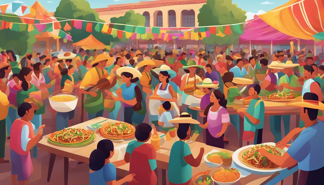 A vibrant and bustling Mexican festival scene, with colorful decorations and people gathered around a central area where tacos are being prepared and served. The atmosphere is filled with joy and celebration, highlighting the cultural significance of taco cuisine in Mexican traditions