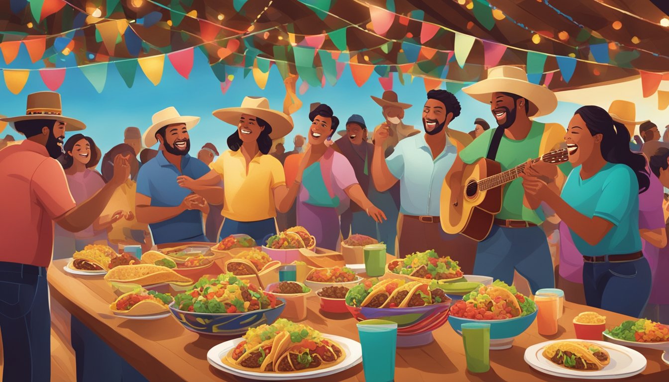 A festive Texas scene featuring a table filled with colorful tacos, surrounded by people laughing and enjoying traditional music and dance