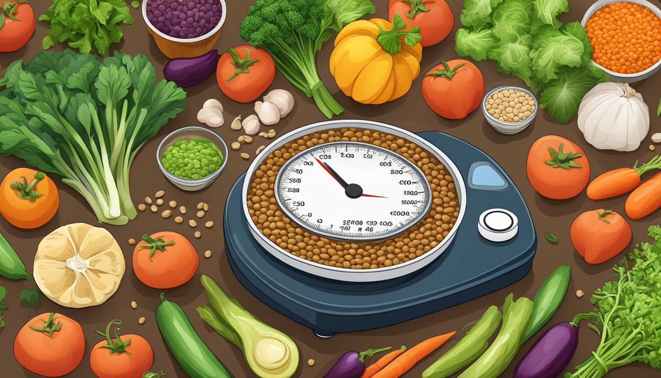 A bowl of lentils surrounded by fresh vegetables and a blood pressure monitor