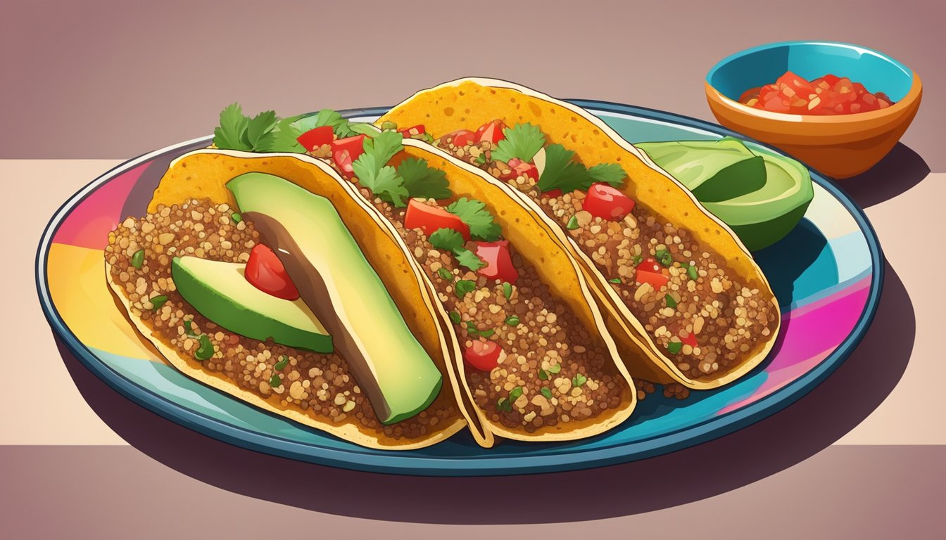 A modern Mexican taco filled with ancient grains like amaranth and quinoa, topped with fresh salsa and avocado, served on a colorful plate