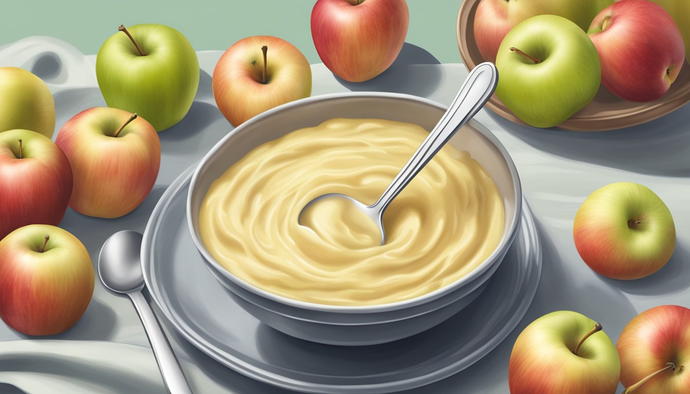 A bowl of applesauce surrounded by soft, ripe apples and a spoon on a high chair tray