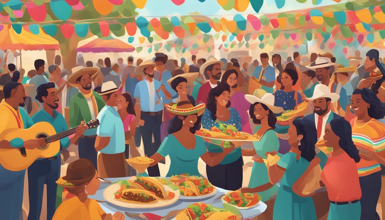 A vibrant fiesta scene with colorful decorations, mariachi music, and a diverse crowd enjoying a variety of tacos at a Texas cultural celebration