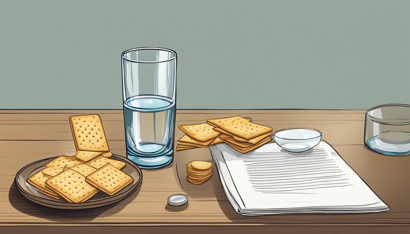 A bowl of crackers and a glass of water on a bedside table